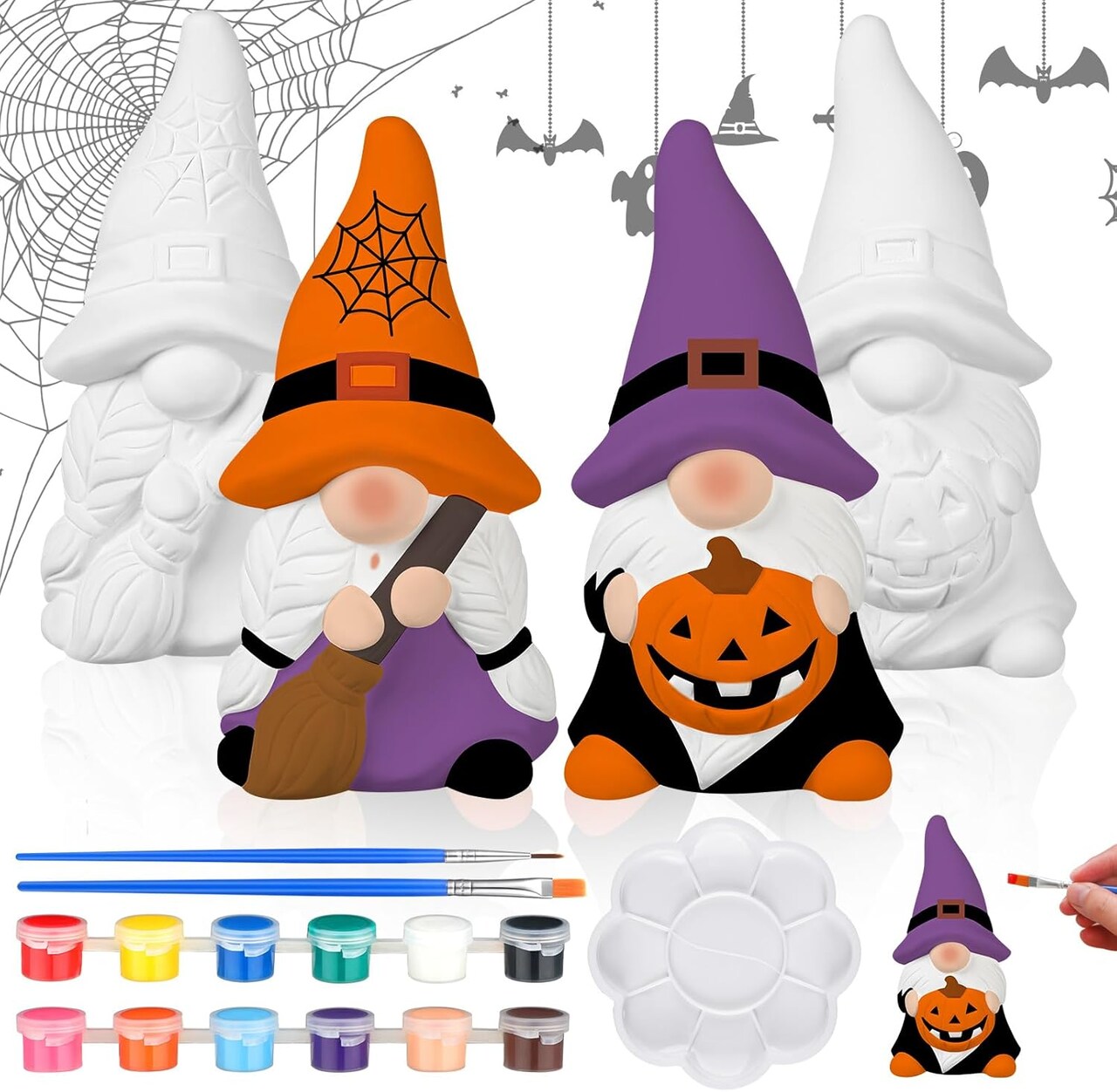 2 Pack Halloween Ready to Paint Your Own Gnome Statues, 4 Spider Web Pumpkin